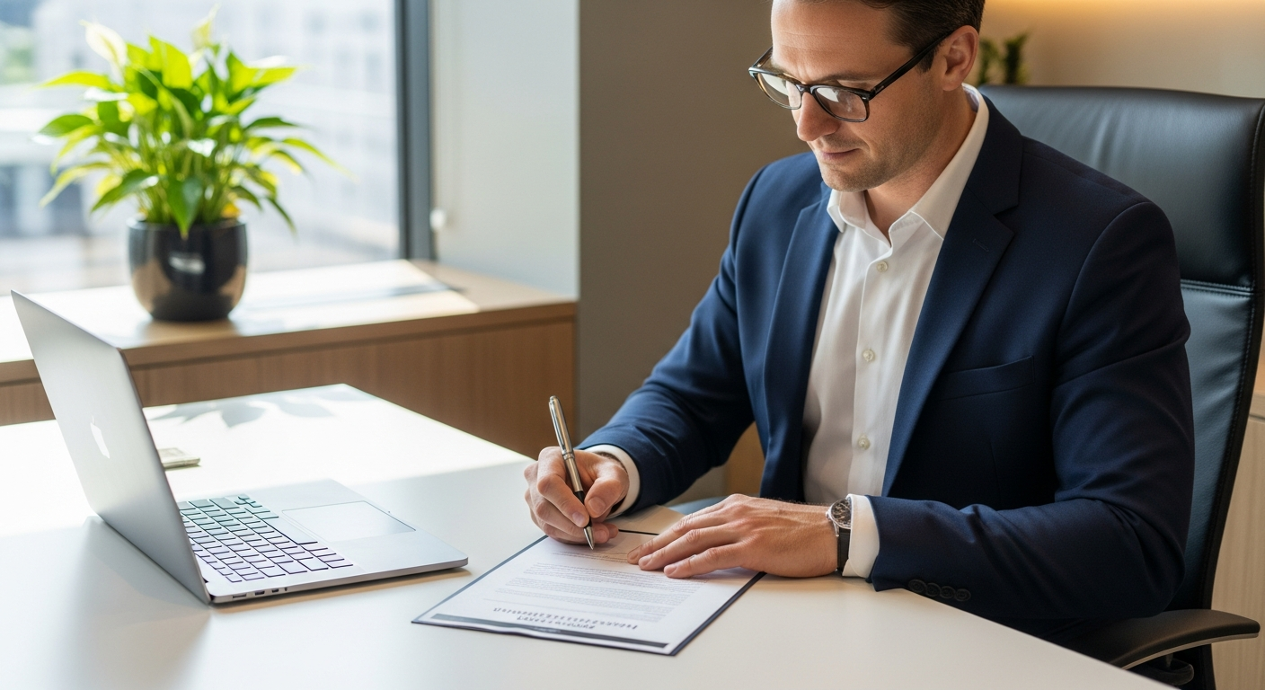 Business professional signing a flexible month-to-month office lease at a modern private office in Acworth GA