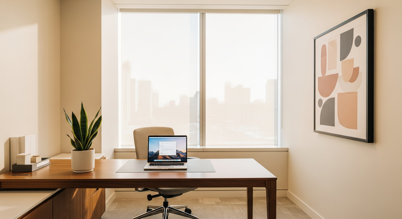 Private office suite interior showing professional workspace with modern desk and natural light