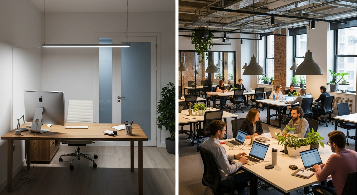 Comparison of quiet private office suite versus open coworking space environment