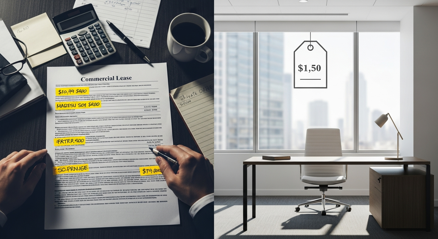Comparison of hidden commercial lease costs versus all-inclusive office pricing at Bells Ferry Prime Office Suites Acworth GA